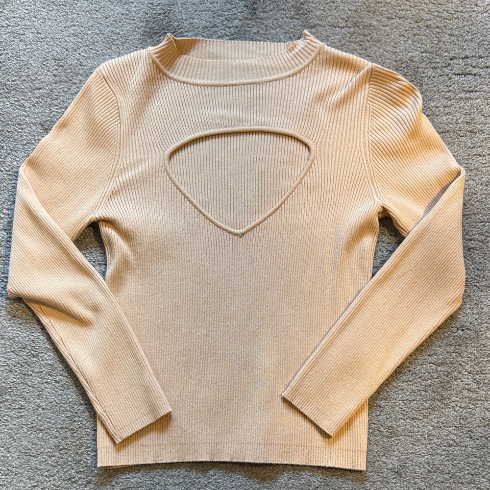 Zara Peach Tan Ribbed Knit Top with Peep whole in chest.